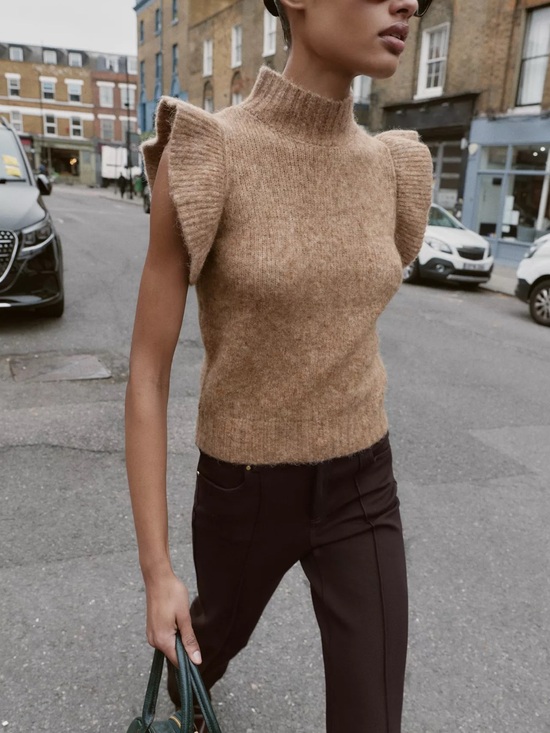 Zara Sweaters - Zara Camel Ruffle Sleeve Mock Neck Knit Top
